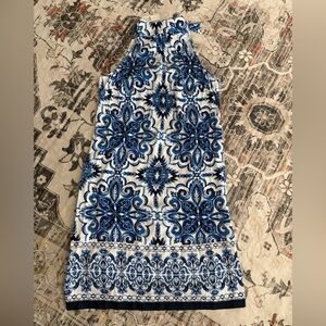 Talbots Halter Shift Dress Elegant Medallion Blue White Print size 2 NWT